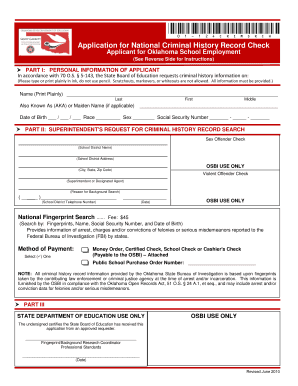 Oklahoma School Employment Criminal History Record Check Application