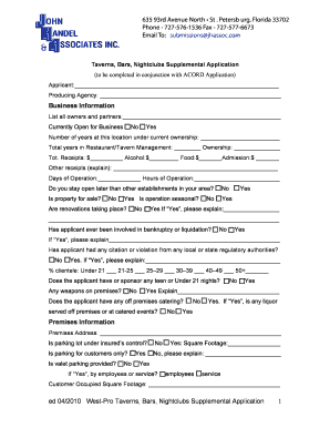 Taverns Bars Nightclubs Supplemental Application