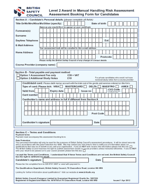 Manual Handling Risk Assessment Booking Form