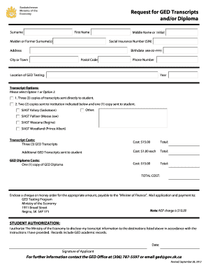 Request for GED Transcripts and/or Diploma