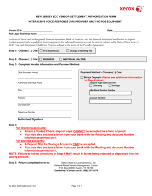 New Jersey ECC Vendor Settlement Authorization Form