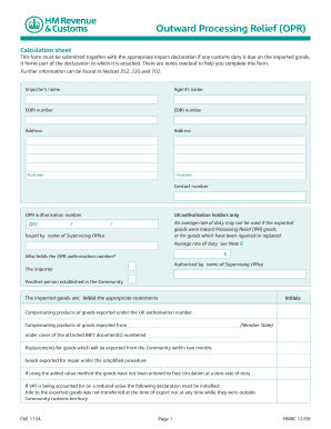UK Outward Processing Relief Calculation Sheet