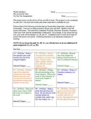 Lord of the Flies Tic-Tac-Toe Assignment