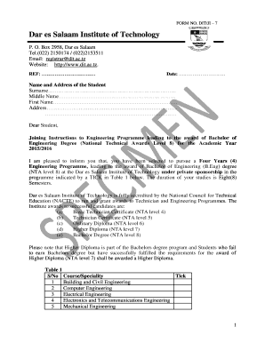 FORM NO DITJI 7 Dar es Salaam Institute of Technology