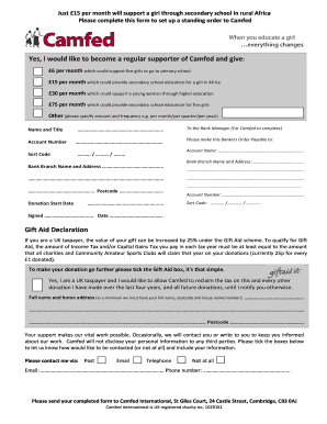 Camfed Donation Standing Order Form
