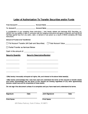 Letter of Authorization To Transfer Securities and/or Funds