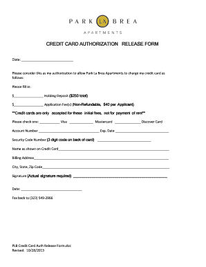Credit Card Authorization Release Form