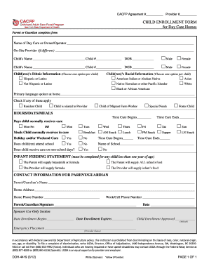 Child Enrollment Form for Day Care Homes