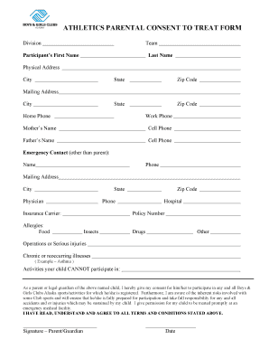 Athletics Parental Consent to Treat Form