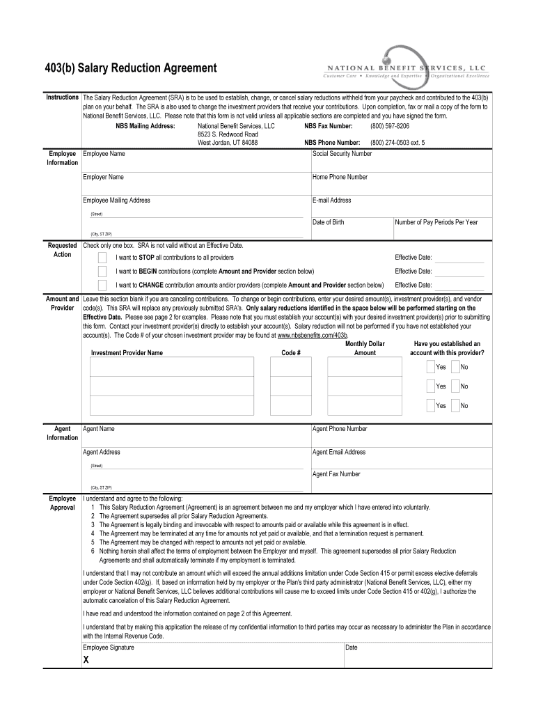 Fillable Online 403b Salary Reduction Agreement Shamrock ISD Fax