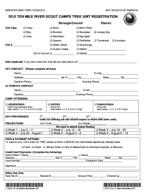 Boy Scouts of America Ten Mile River Scout Camps Trek Unit Registration