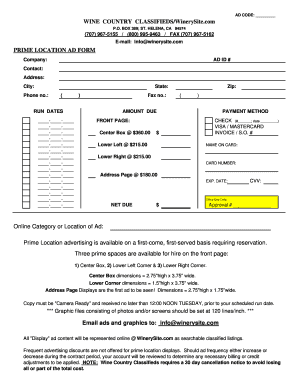 Wine Country Classifieds Prime Location Ad Form