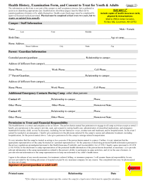 YMCA Camp Health History and Consent Form