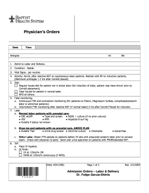 Physician's Orders for Labor and Delivery