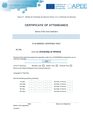 Certificate of Attendance for Erasmus Teaching Assignment