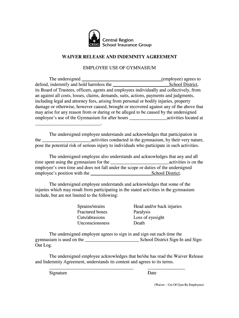 Fillable Online WAIVER -USE OF Gym-by Employees Fax Email Print - pdfFiller