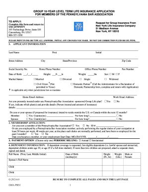 Pennsylvania Bar Association Group Life Insurance Application