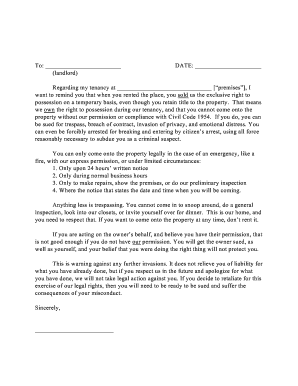 Tenant Warning Letter to Landlord