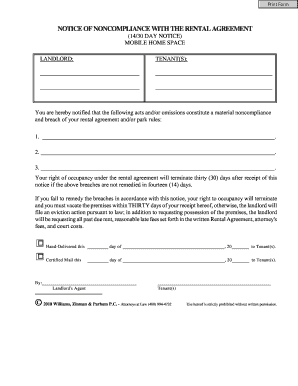 Mobile home lease agreement - NOTICE OF NONCOMPLIANCE WITH THE RENTAL AGREEMENT