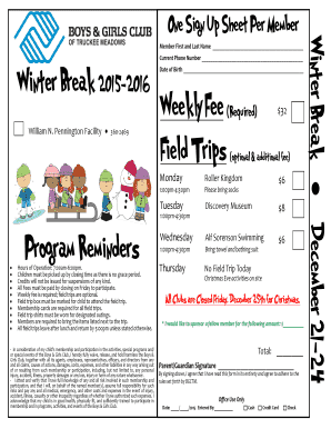Boys & Girls Club Winter Break Registration Form