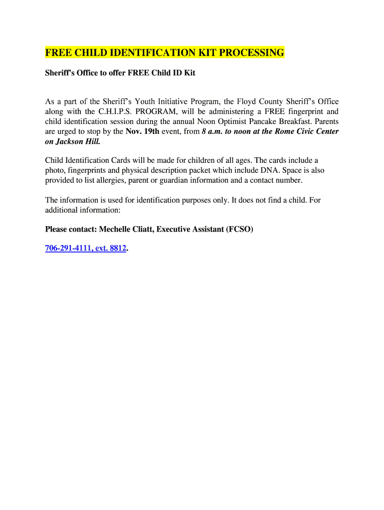 Fillable Online FREE CHILD IDENTIFICATION KIT PROCESSING Fax Email