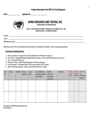 Product Information Form for Food Equipment Certification