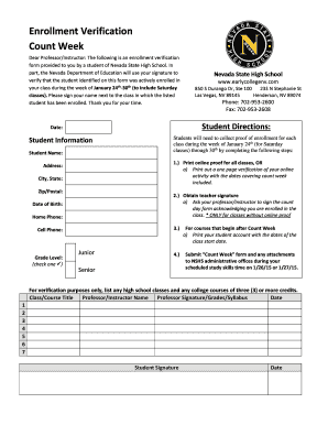 Nevada State High School Enrollment Verification Form