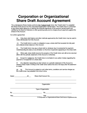 Corporation Share Draft Account Agreement
