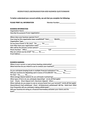 Recreation Club Business Questionnaire