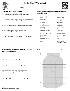 Milk Mon Worksheet SWA - swa