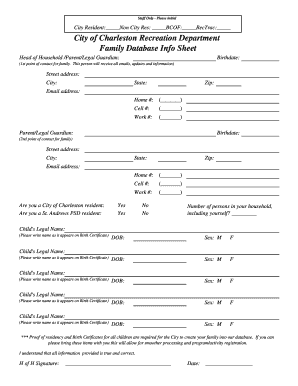 City of Charleston Recreation Department Family Database Info Sheet