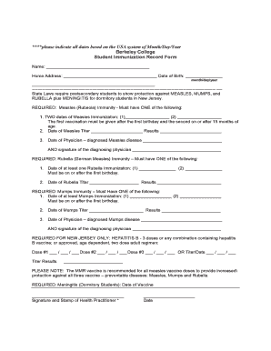 Berkeley College Student Immunization Record Form