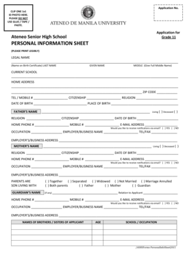 fillable online ateneo senior high school personal information sheet personal information sheet sample