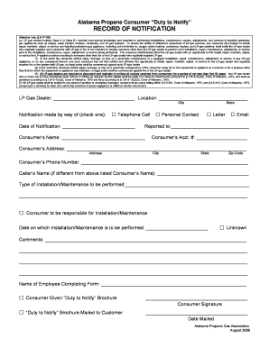 Alabama Propane Consumer Duty to Notify Form
