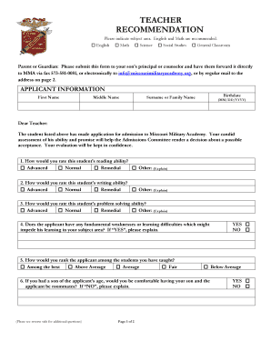 Teacher Recommendation Form