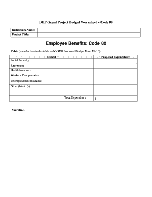 DHP Grant Project Budget Worksheet Code 80 Institution Name: Project Title: Employee Benefits: Code 80 Table (transfer data in this table to NYSED Proposed Budget Form FS10): Benefit Proposed Expenditure Social Security Retirement Health - -