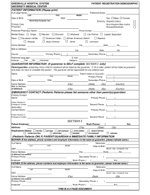 Greenville Hospital System Patient Registration Form