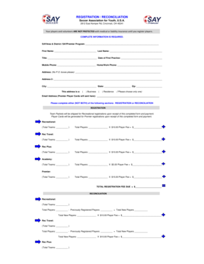 SAY Soccer Registration/Reconciliation Form