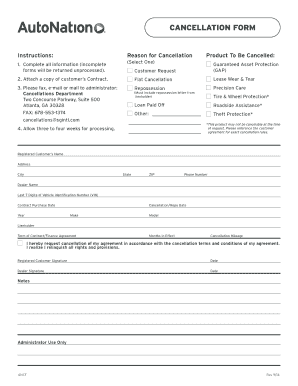 Cancellation Form for Vehicle Protection Products