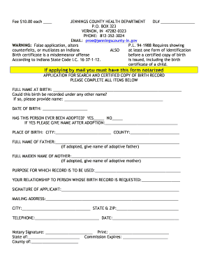 Indiana Birth Certificate Application