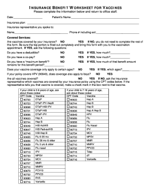 Insurance Benefit Worksheet for Vaccines