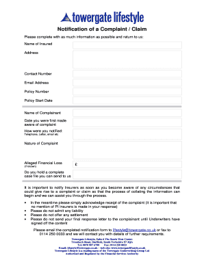 Insurance Complaint Notification Form
