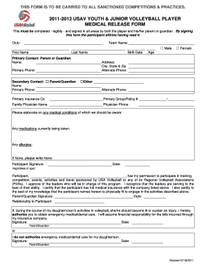 2011-2012 US Youth Volleyball Medical Release Form