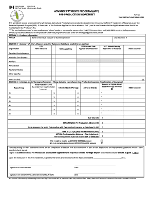 Advance Payments Program Pre-Production Worksheet