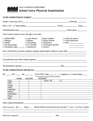 School Entry Physical Examination Form