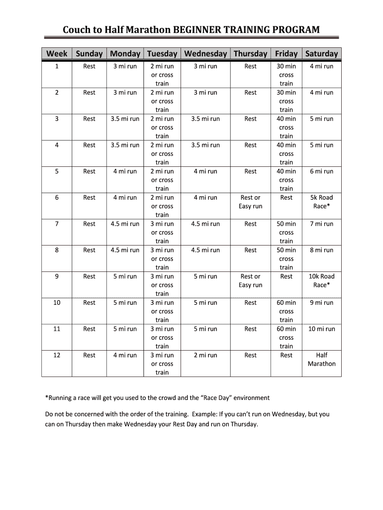 Fillable Online Couch to Half Marathon BEGINNER TRAINING PROGRAM Fax ...