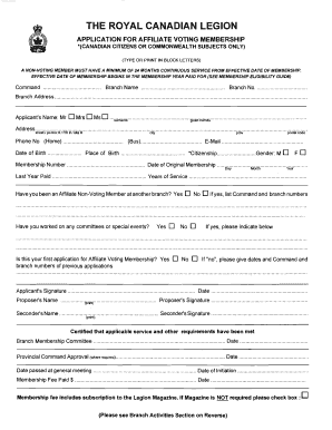 Royal Canadian Legion Affiliate Voting Membership Application