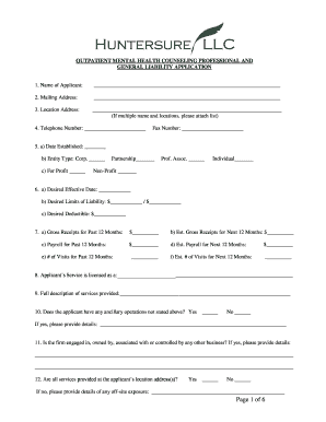 Outpatient Mental Health Counseling Liability Application