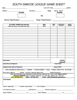South Simcoe League Game Sheet