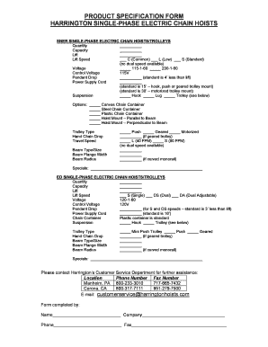 Harrington Single-Phase Electric Chain Hoist Specification Form